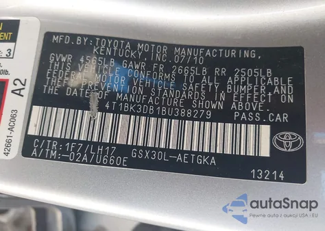 2011 Toyota Avalon из США, поврежденный, VIN 4T1BK3DB1BU388279